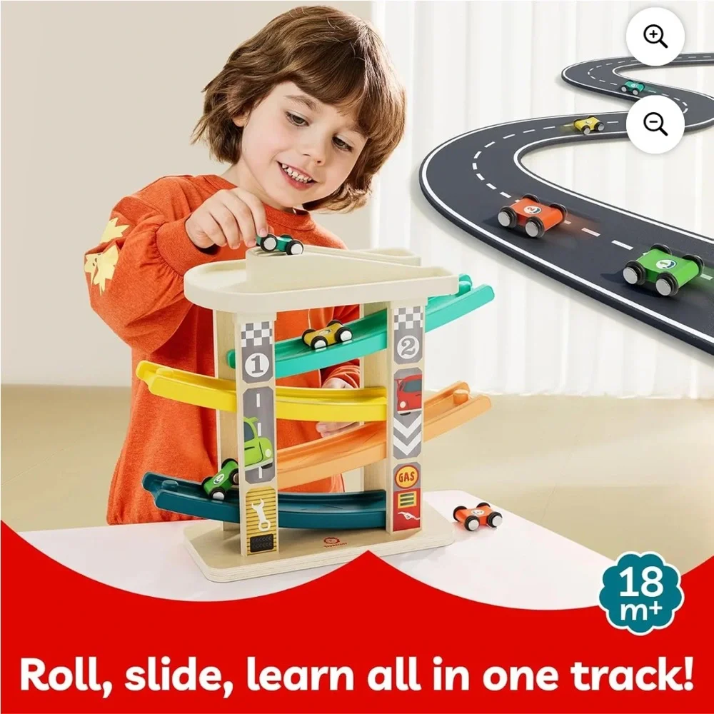 Toddler Montessori Style Wooden RaceTrack Car Ramp Toy w/ 4 Mini Cars